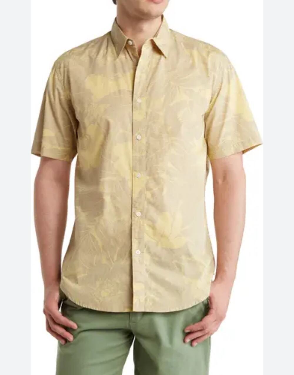 Coastaoro Shirt Button Up Short Sleeves 100% Cotton Floral Yellow/Gray M S NWT